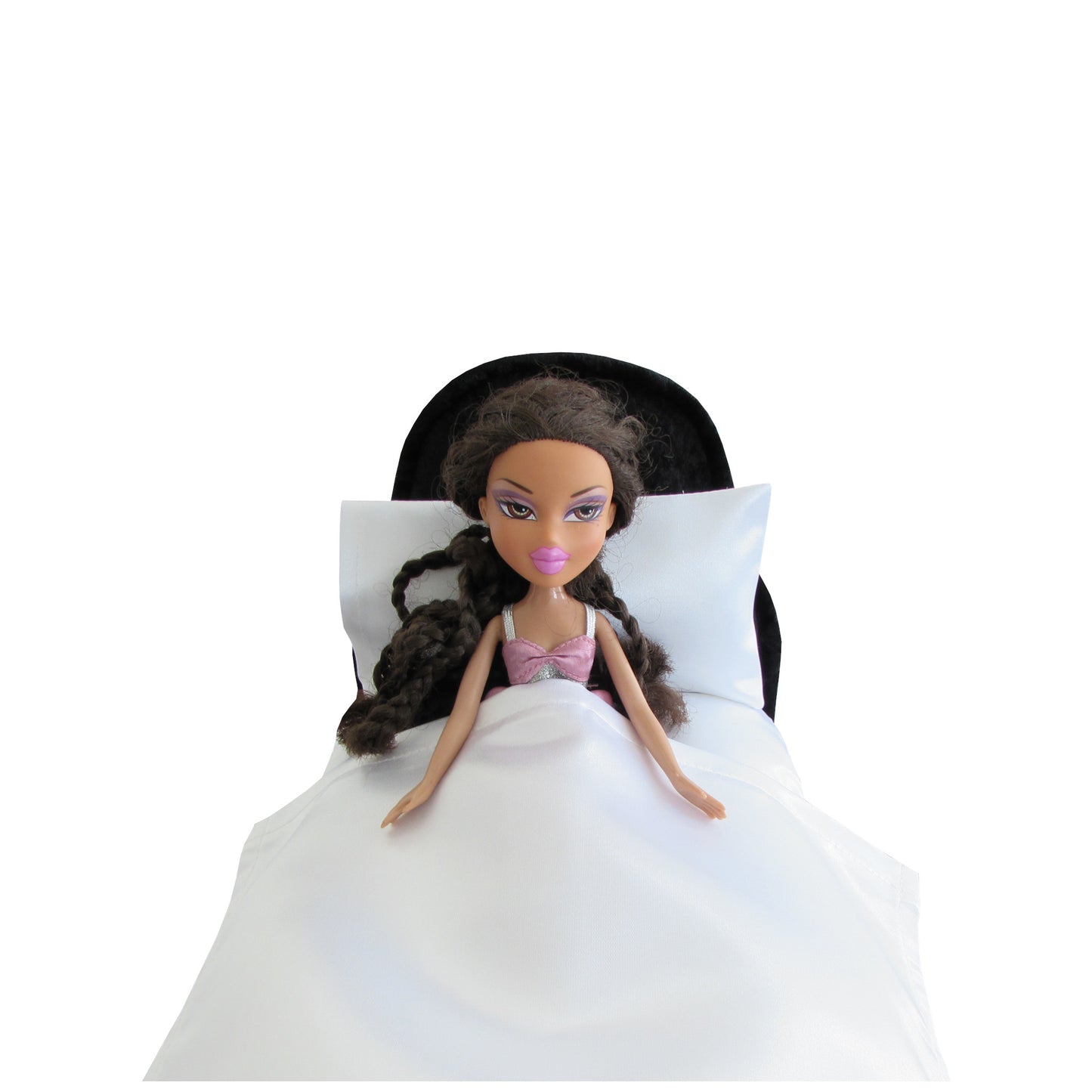 White Satin Doll Fitted Sheet, Pillow, and Black Crushed Velvet Doll Bed for 11.5-inch and 12-inch dolls with Bratz doll
