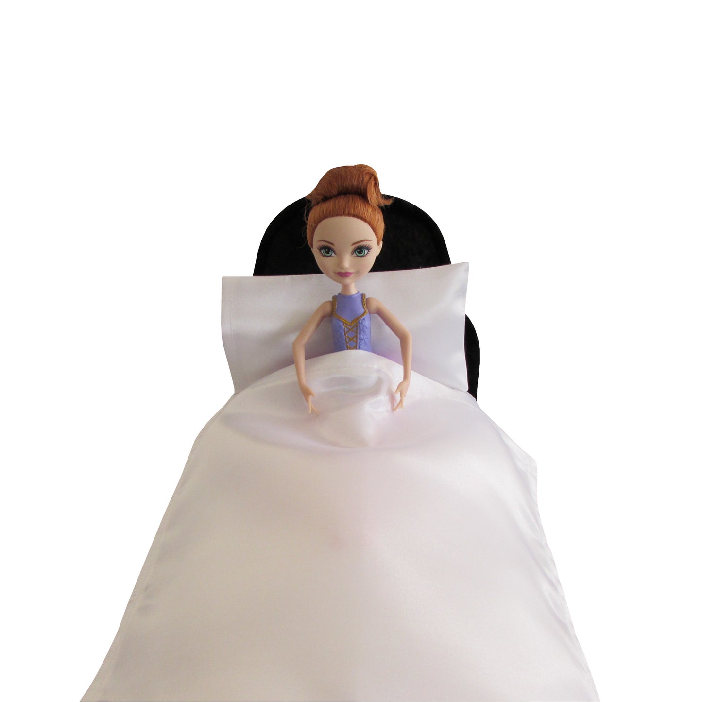 White Satin Doll Fitted Sheet, Pillow, and Black Crushed Velvet Doll Bed for 11.5-inch and 12-inch dolls with ballerina doll