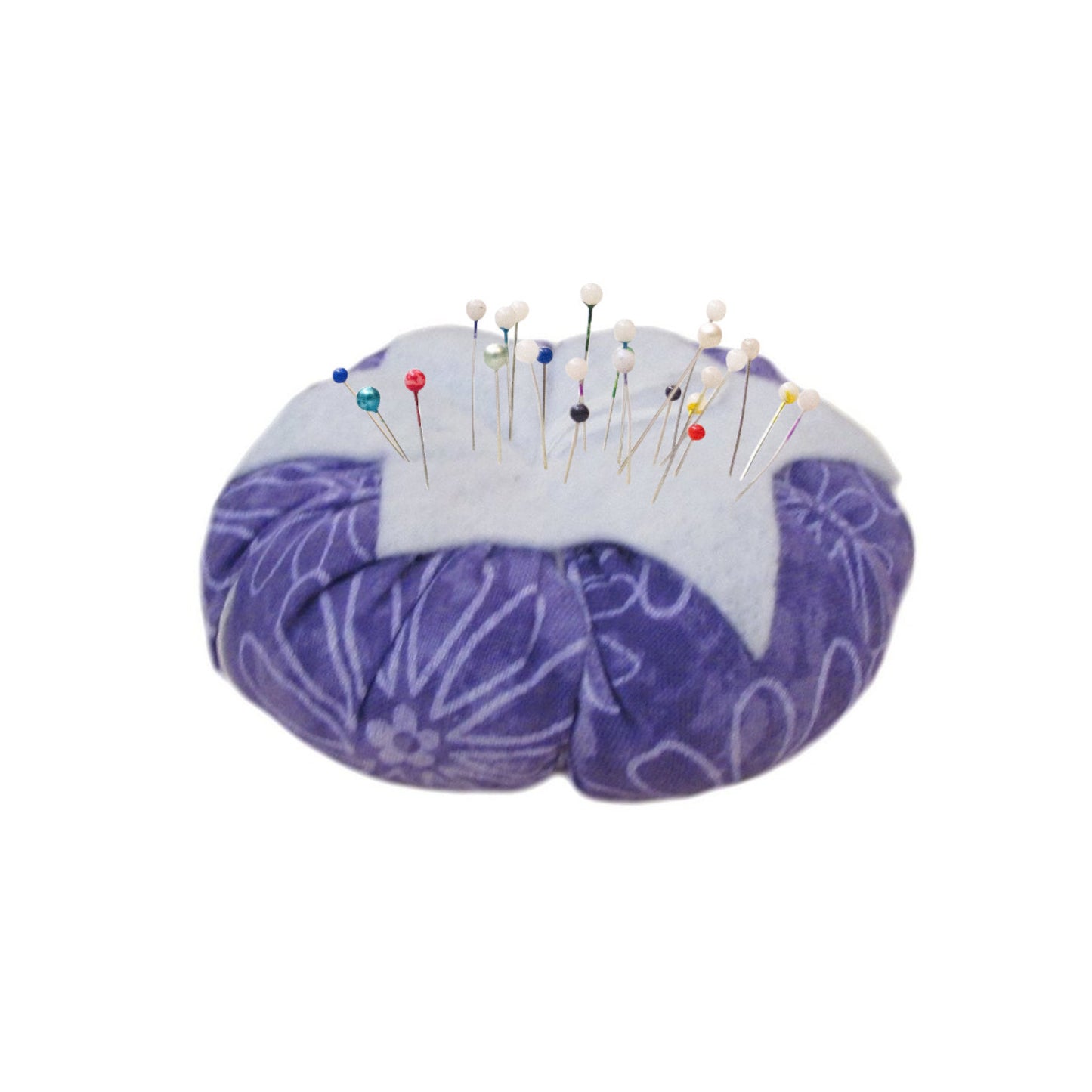White Top Purple Floral Print Tomato Pincushion with pins