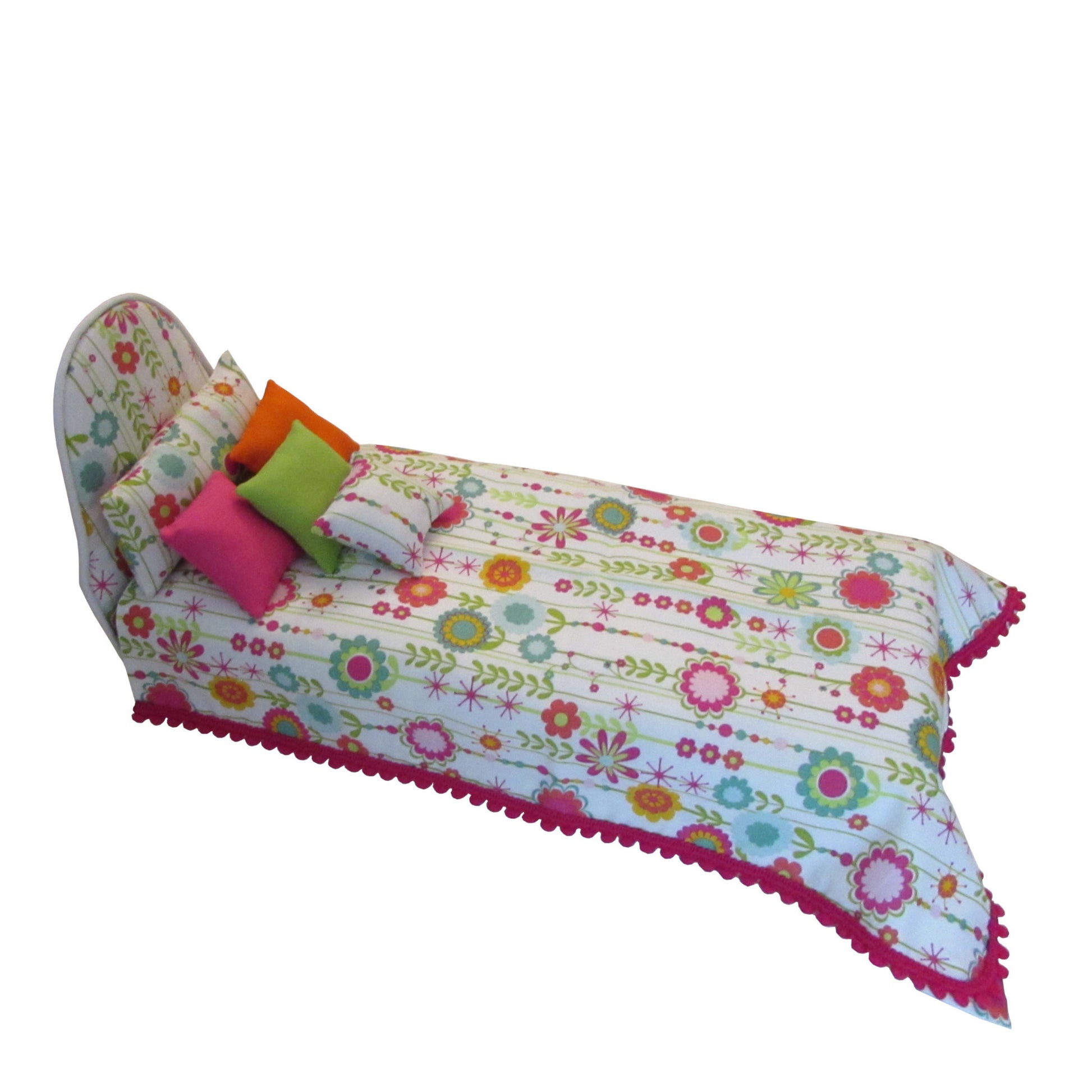 White Upholstered Doll Bed and Floral Bedding for 11.5-inch and 12-inch dolls