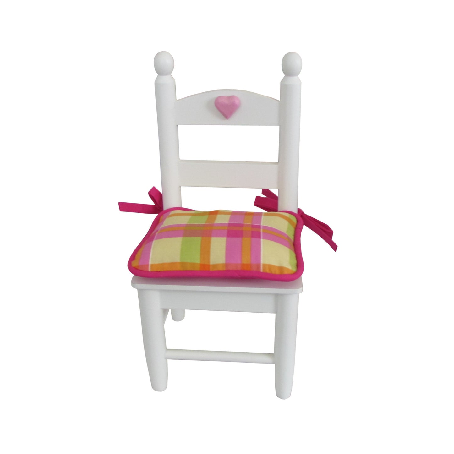 Yellow, Orange, Pink, and Green Plaid Doll Chair Cushion for 18-inch dolls Second view