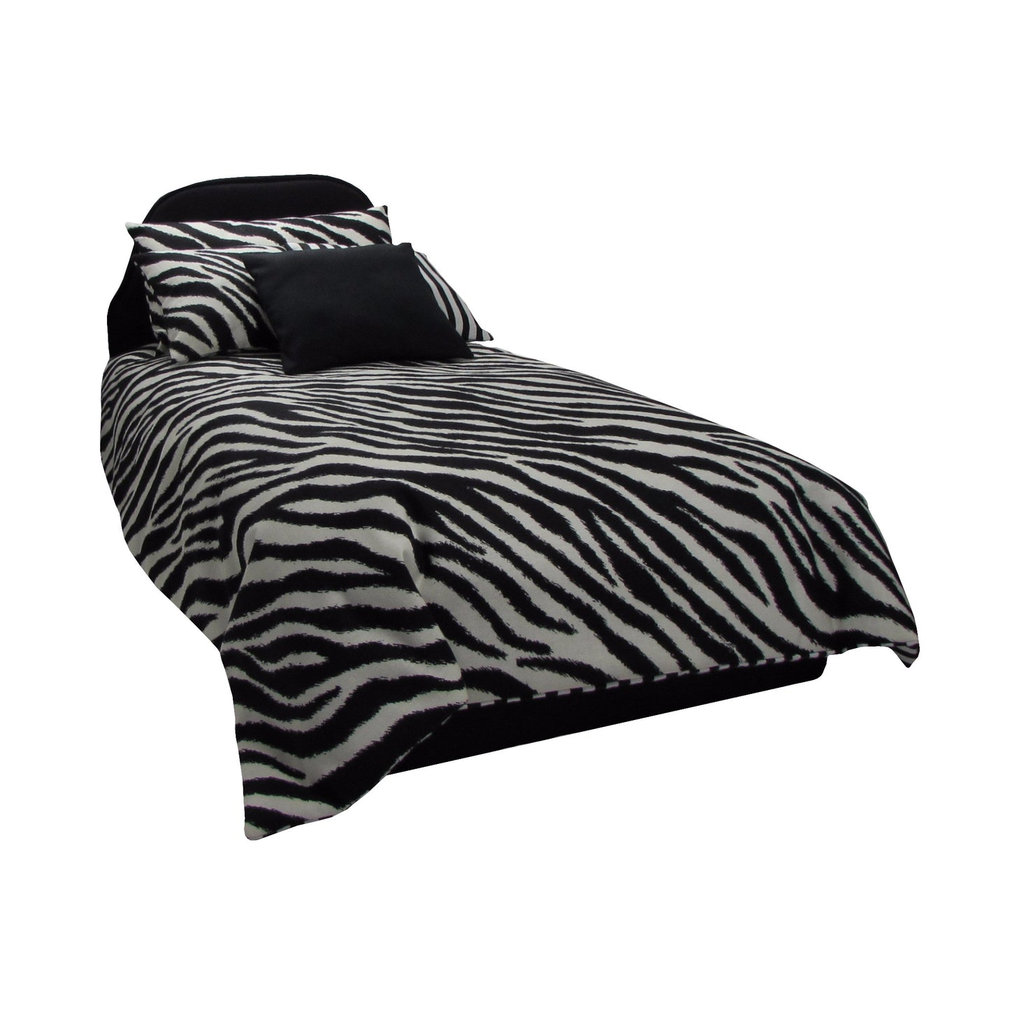 Zebra Doll Comforter Set and Black Upholstered Doll Bed for 18-inch dolls