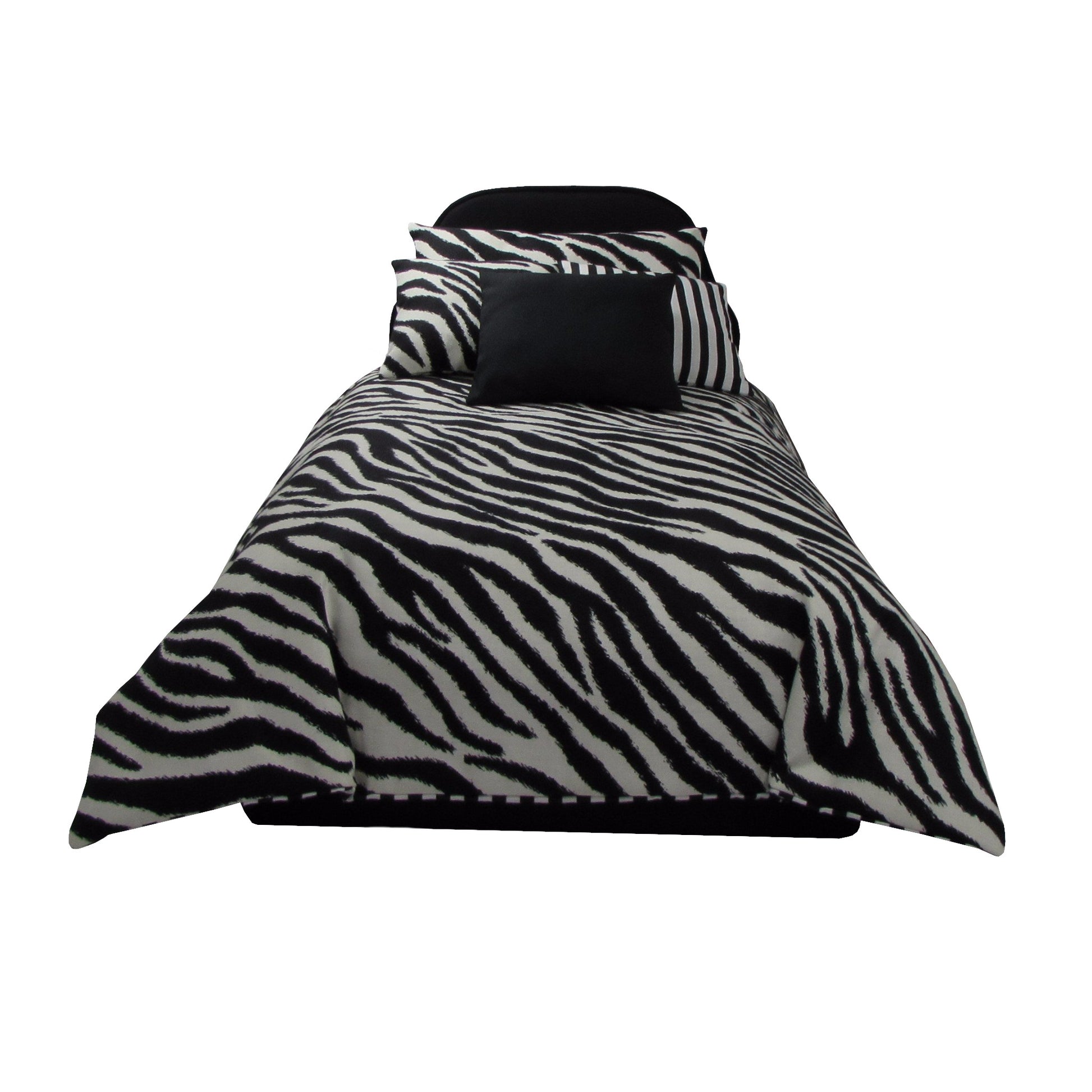 Zebra Doll Comforter Set and Black Upholstered Doll Bed for 18-inch dolls Second view
