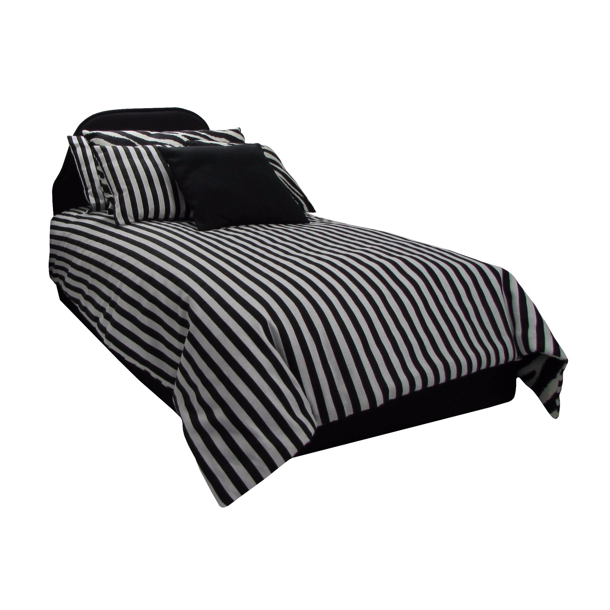 Zebra Doll Pillows, Striped Doll Comforter, and Black Upholstered Doll Bed for 18-inch dolls
