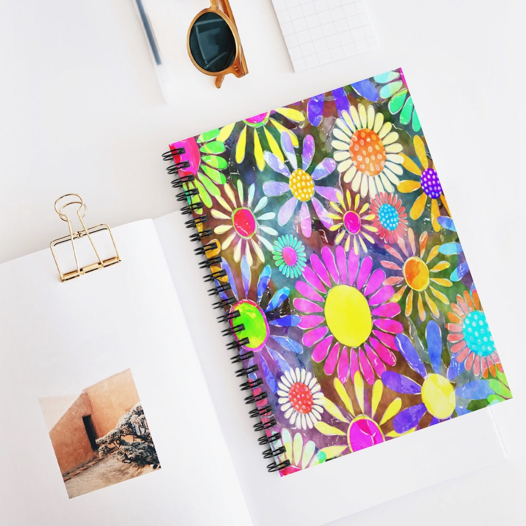 Pink Yellow Blue Floral Dots Spiral Ruled Line Notebook