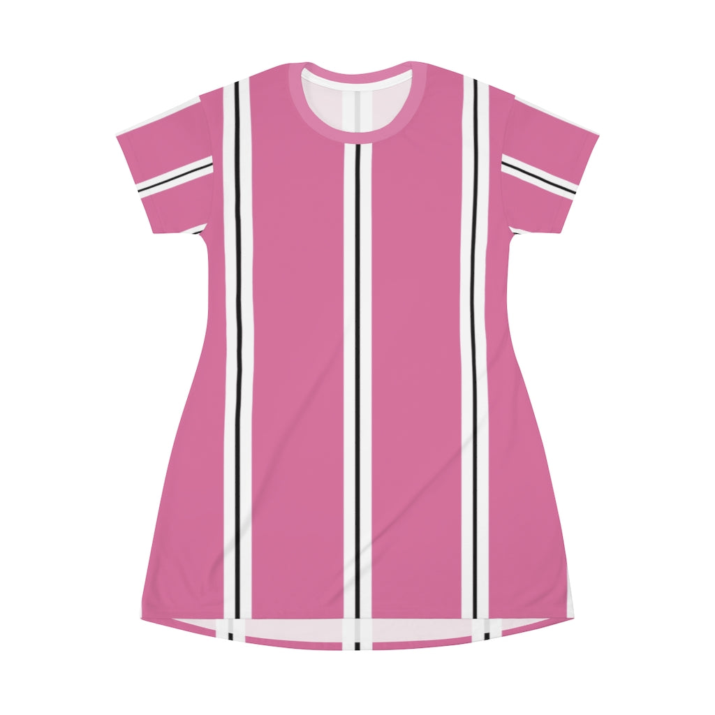 Solid Hot Pink BW Stripes T-shirt Dress
