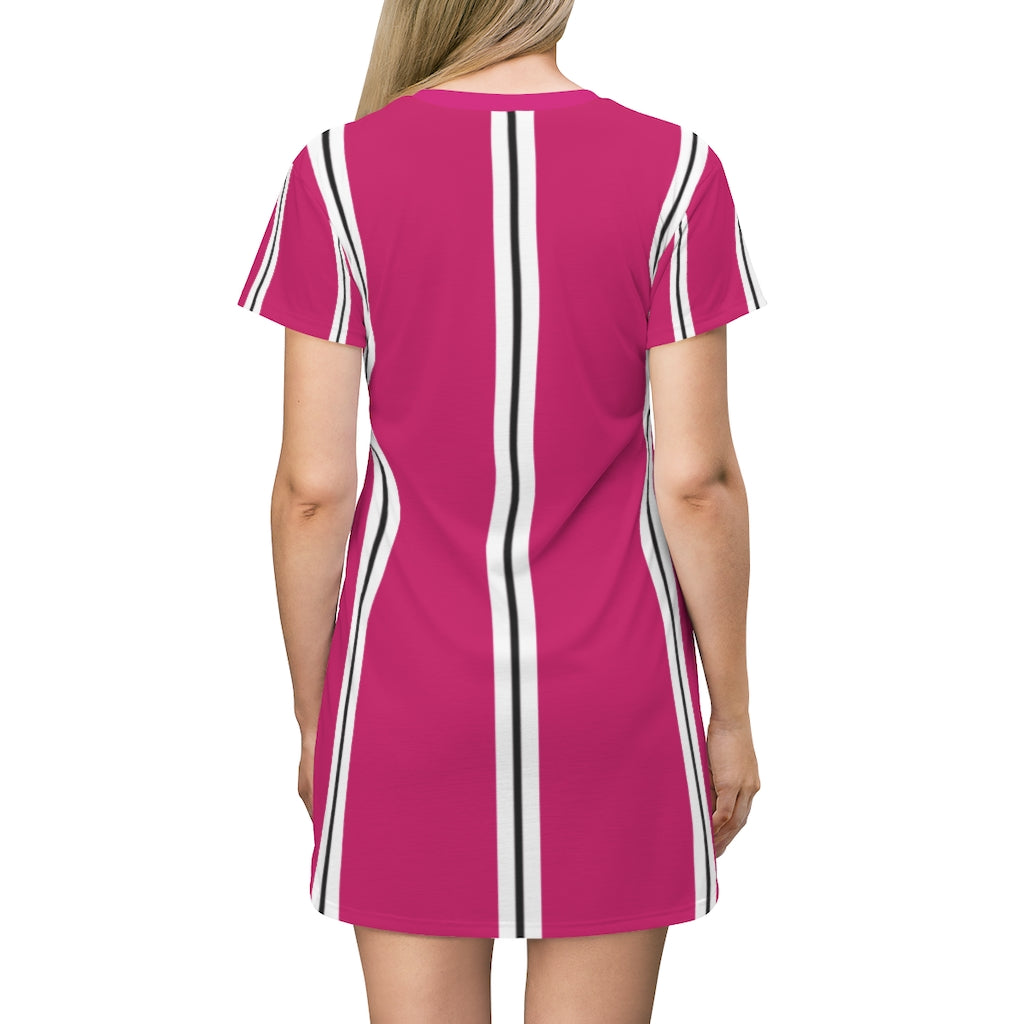 Pink Raspberry BW Stripes T-shirt Dress