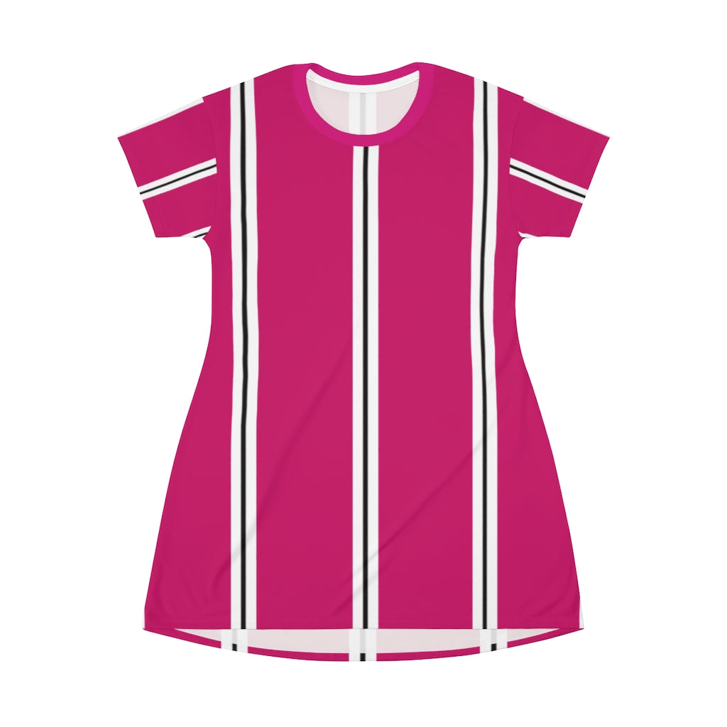 Pink Raspberry BW Stripes T-shirt Dress